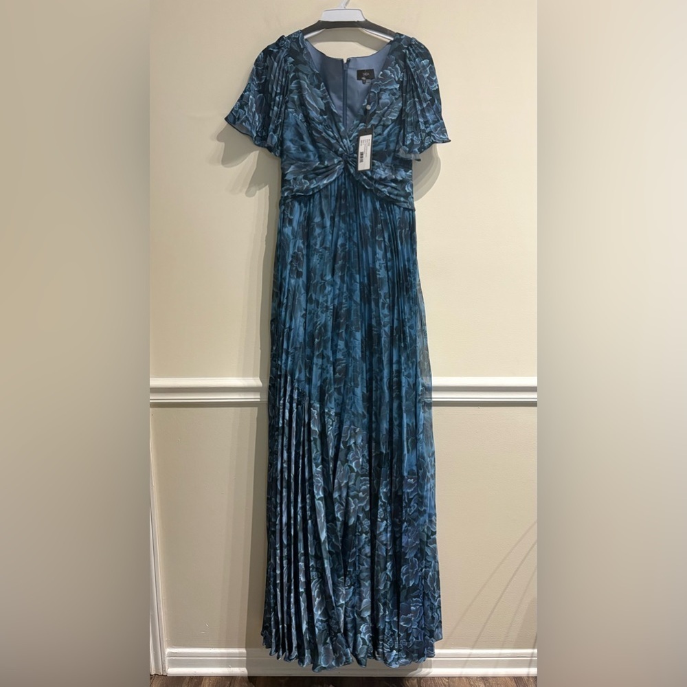 THEIA Mabella Blue Floral Pleated Satin Twist A-Line Gown Flutter NWT 2 - Picture 5 of 12